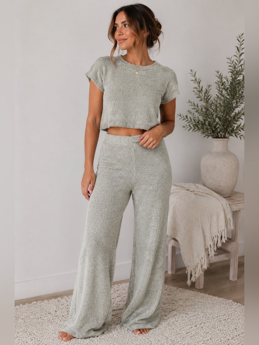 SKIMS Cozy Knit Lounge Set Small Sage Crop Top Wide Leg Pants 2 Piece